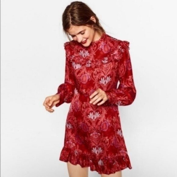 Zara Dresses & Skirts - Zara Red Jacquard Ruffle Sheath High Neck Mini Dress Size XS NWOT